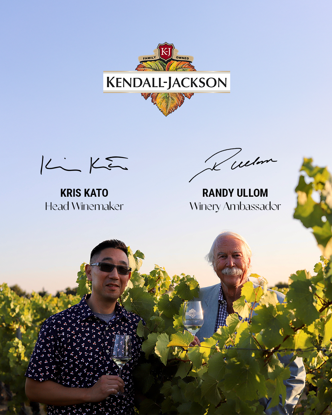 Winemaker's Randy Ullon & Kris Kato standing in a vineyard