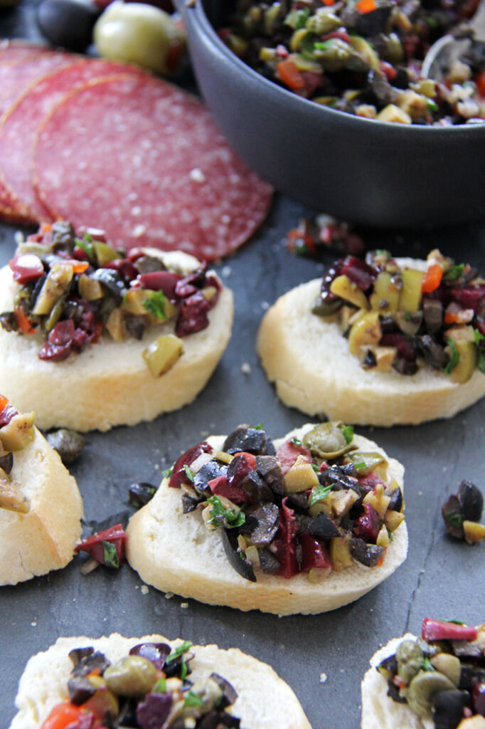Olive tapenade on a crostini