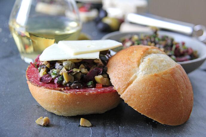 Olive tapenade on a sandwich