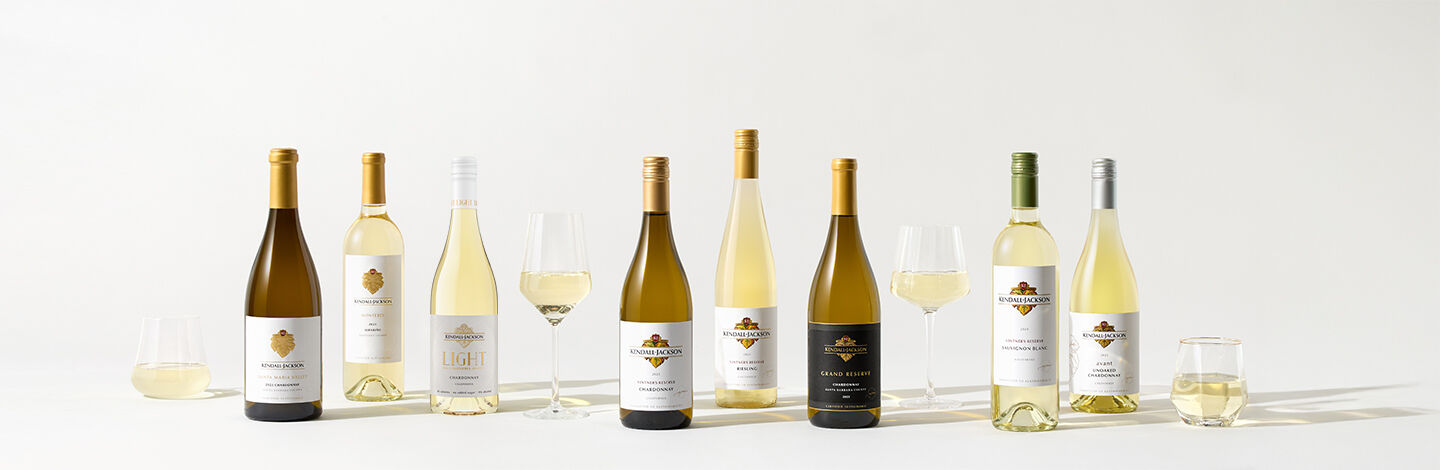 Line-up of Kendall-Jackson white wine bottles from across collections.