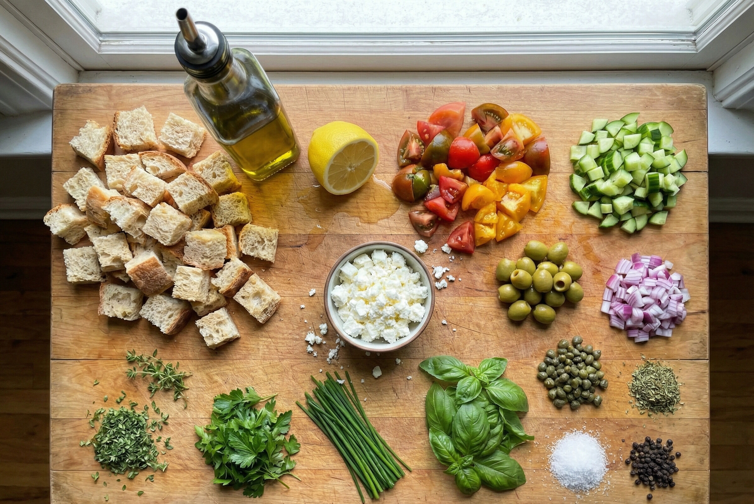 Greek bread salad ingridients on a cutting board