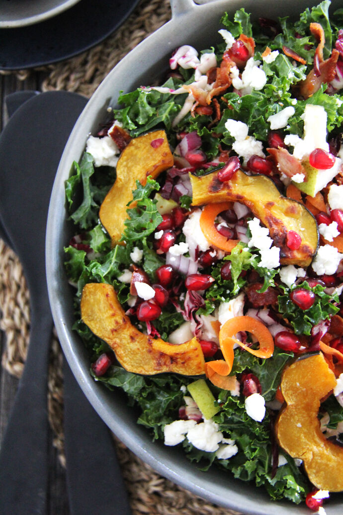 Roasted kale with squash in a bowl