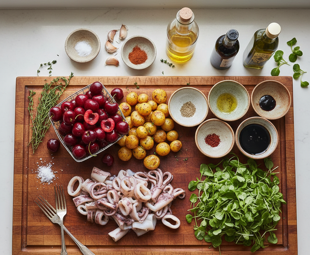 Calamari Salad ingredients on a cutting board