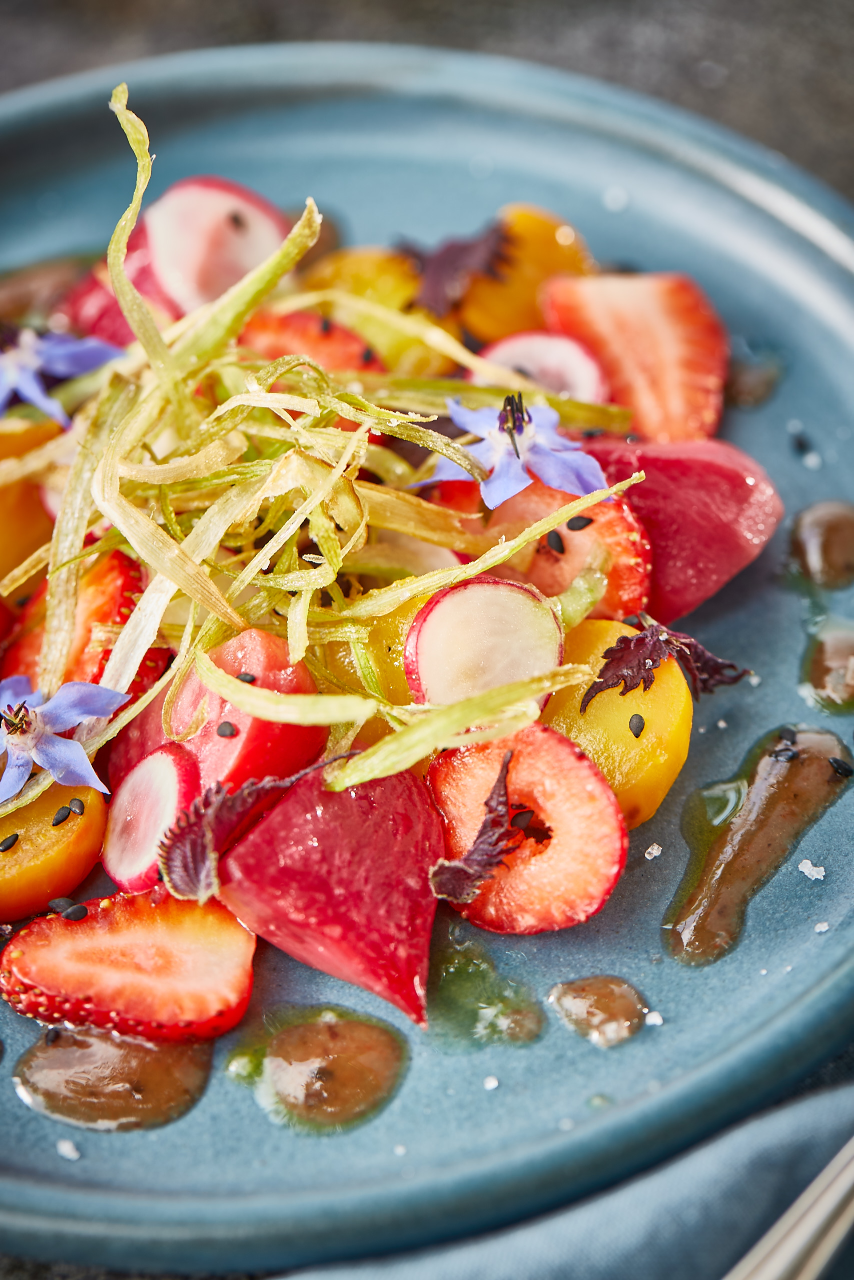 K-J Wines plated summer fruits and vegetables