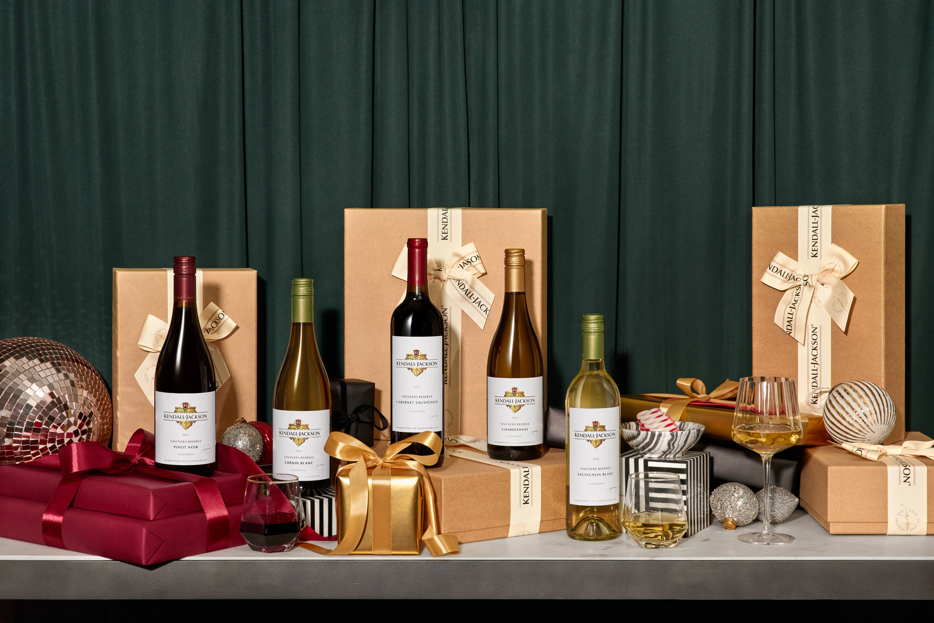 Kendall-Jackson Vintner's Reserve wine on a table with gift boxes