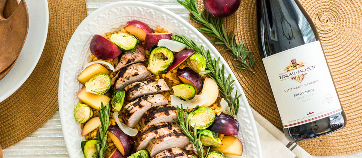 Enjoy the flavors of fall with this grilled pork loin, served over a bed of farro with&nbsp;roasted harvest vegetables and ripe plums.