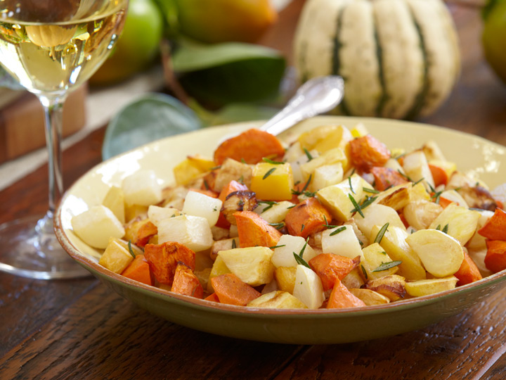 Roasted Root Vegetables on a plate with Kendall-Jackson Chardonnay