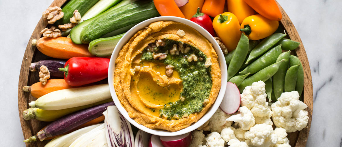 This sweet potato hummus with kale pesto & fall crudit&eacute;s recipe is not only seasonal and delicious, but also simple to pull together.