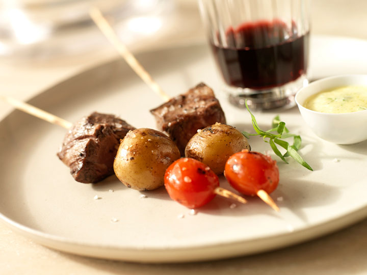 Grilled Beef Tenderloin and Heirloom Tomato Skewers