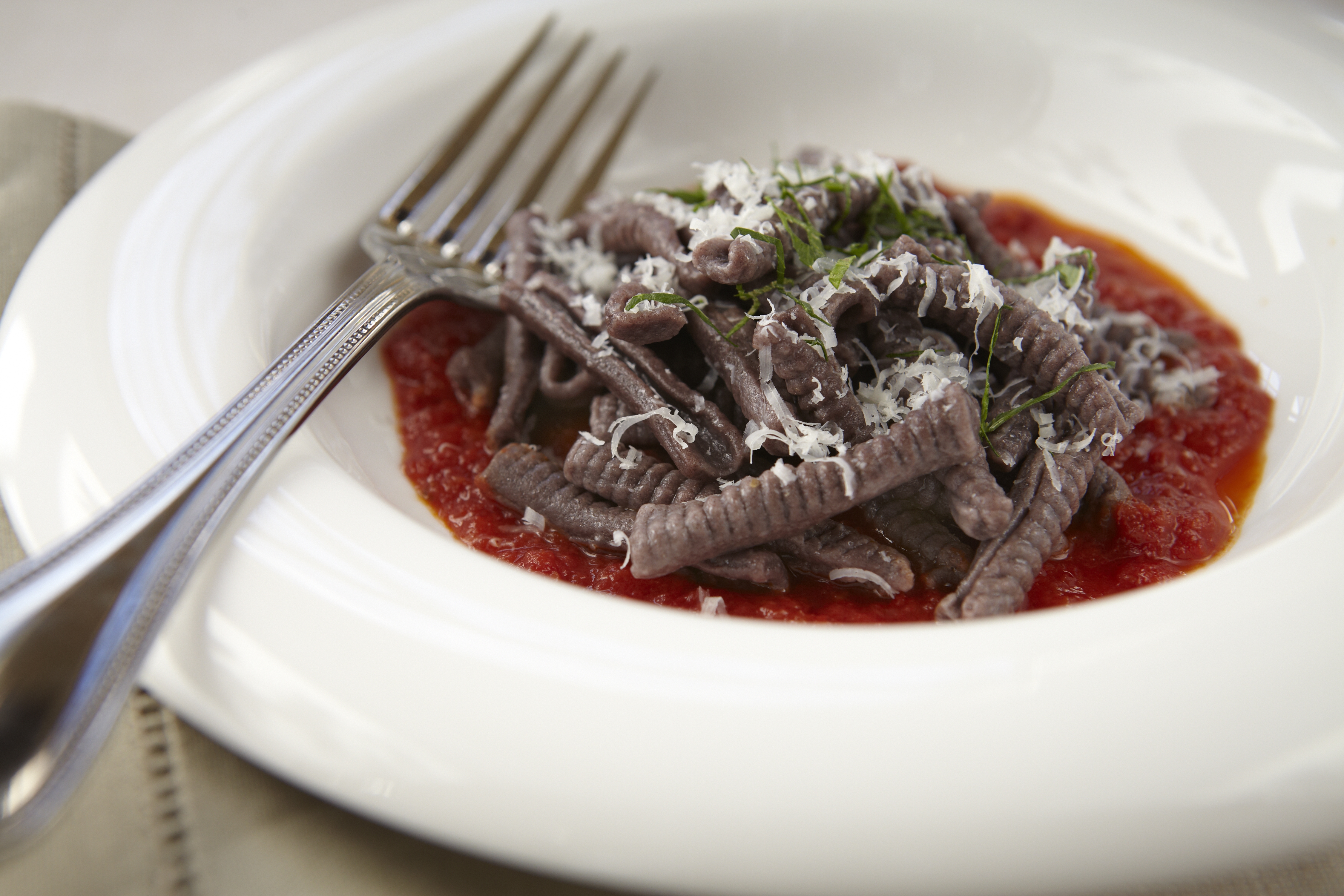 Merlot pasta in a bowl with a fork