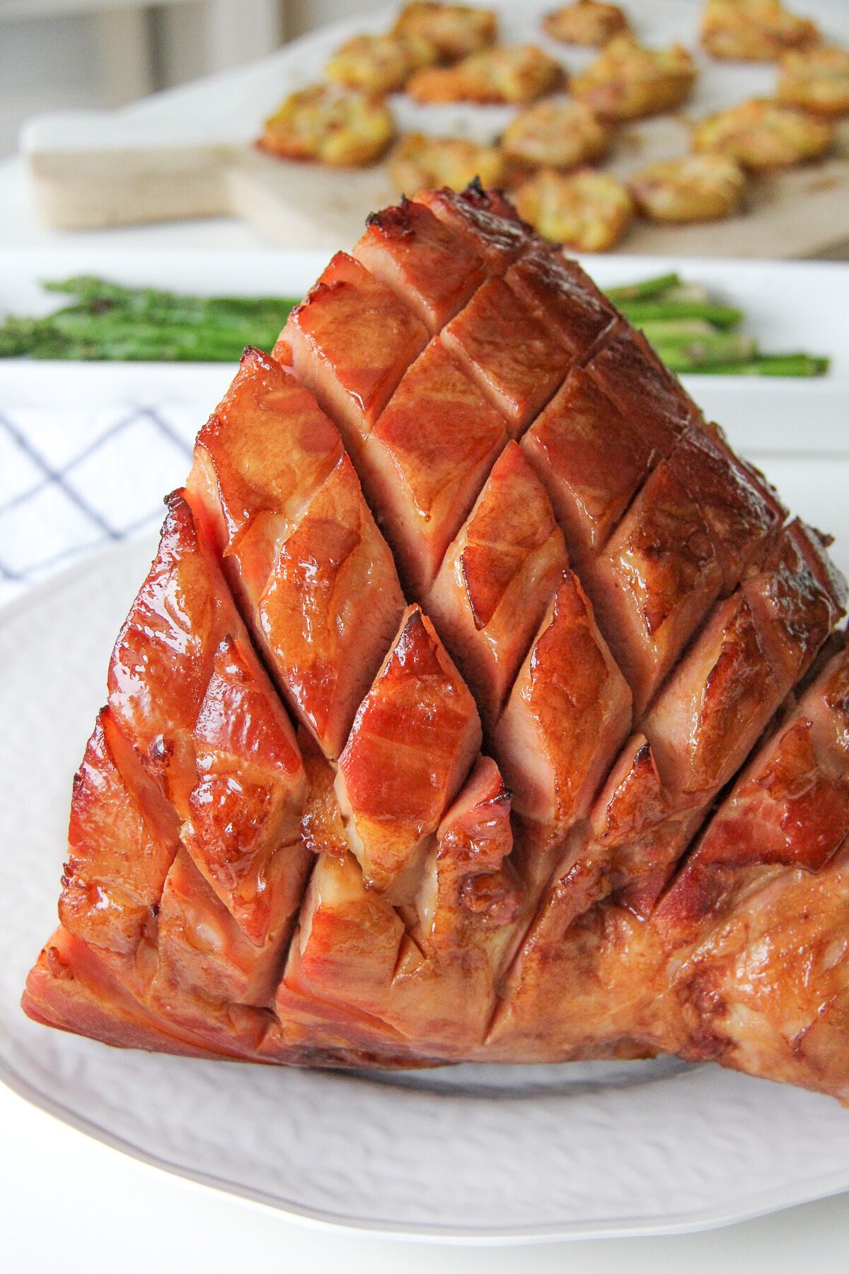 A closeup of a glazed ham 