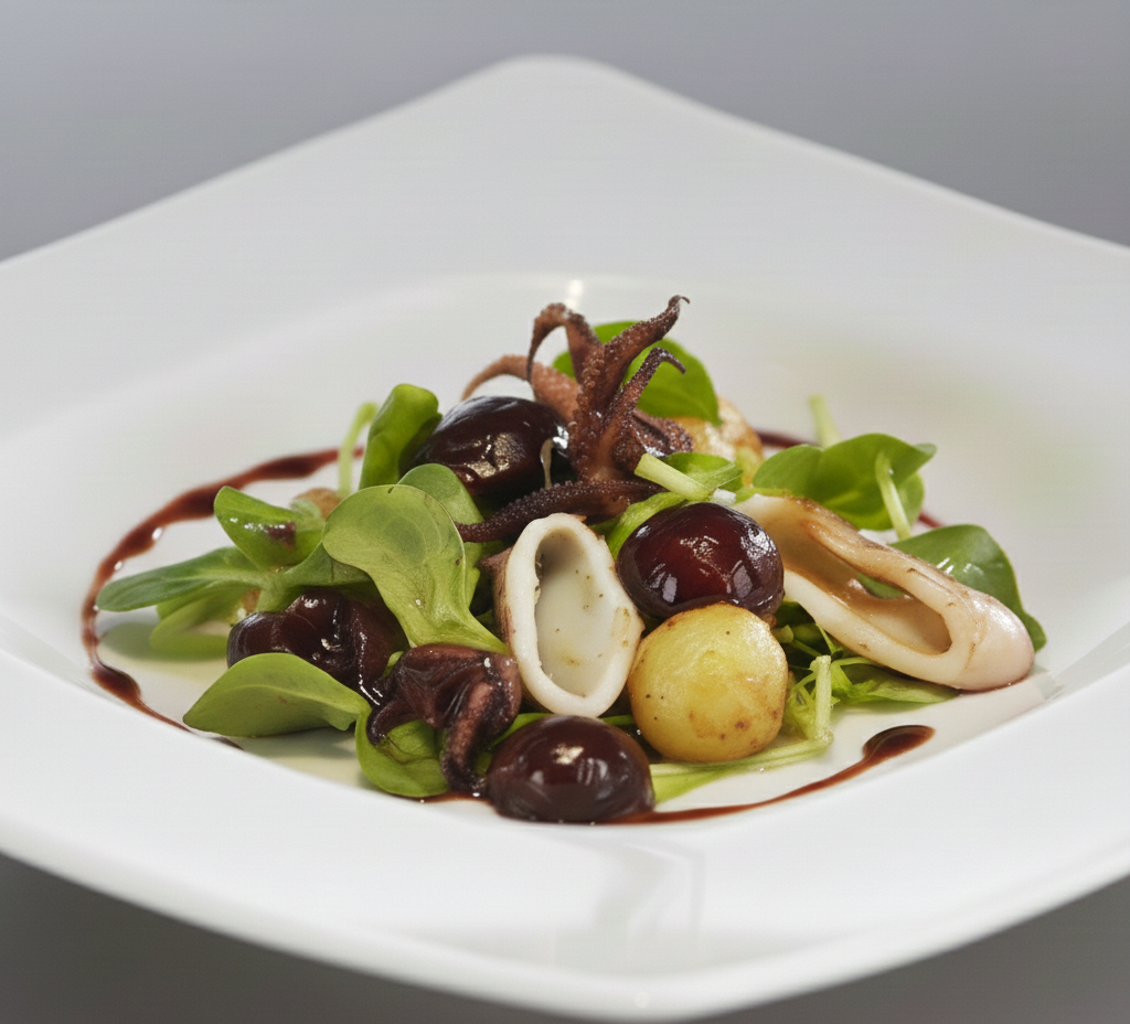 Grilled Calamari, Bing Cherry and Mache Salad