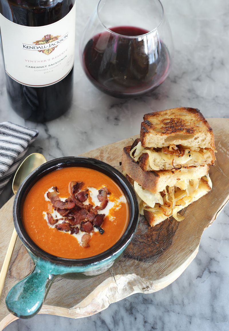 Roasted Garlic and Caramelized Onion Grilled Cheese with Creamy Tomato Soup #Recipe