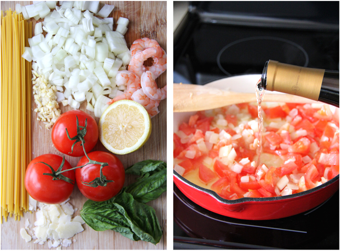 Creamy Tomato & Basil Shrimp Pasta — The sauce, it's so delicious. You just can't go wrong with the combination of basil, tomatoes, garlic, wine, and cream all tossed with shrimp and spaghetti noodles. #recipe