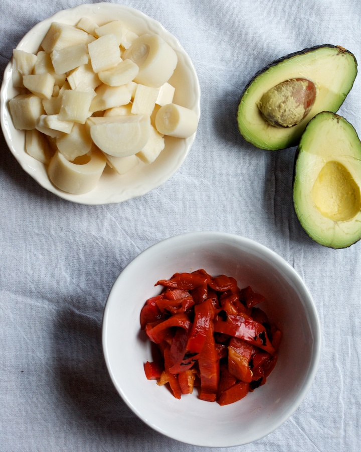 Ingredients for Whole Wheat Elbow Pasta Salad with Hearts of Palm, Avocado, and Red Peppers