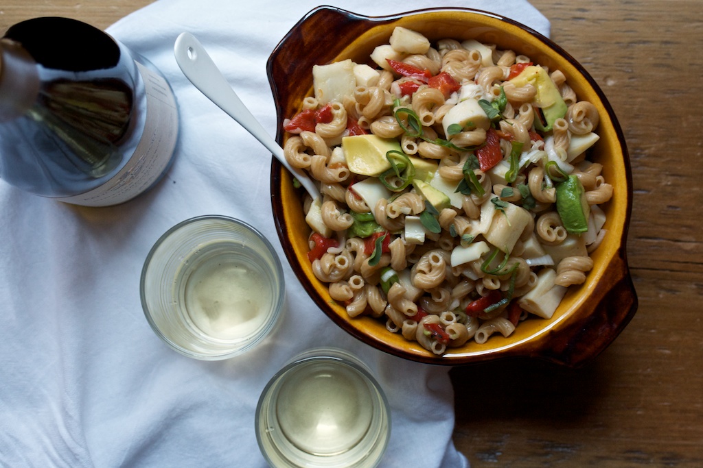 Whole Wheat Elbow Pasta Salad with Hearts of Palm, Avocado, and Red Peppers