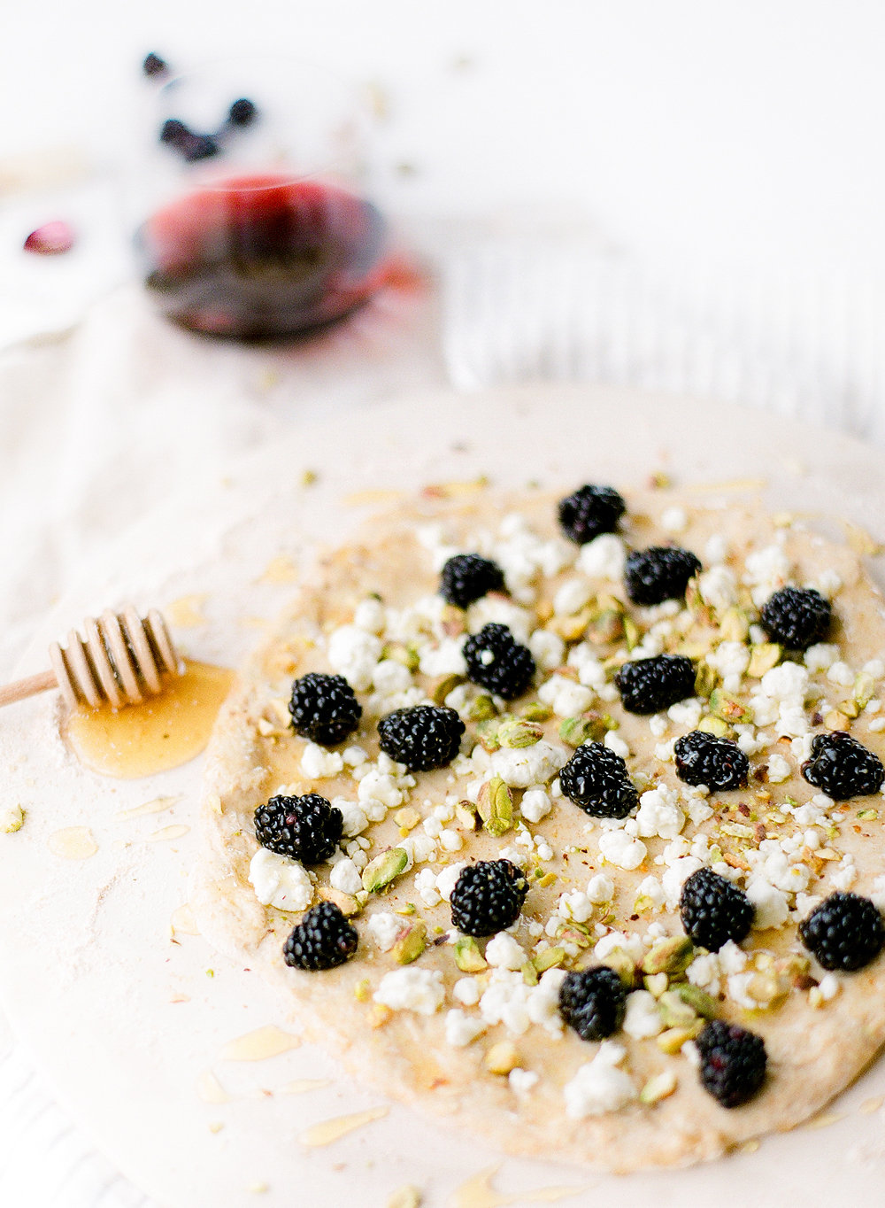 Pistachio is still a relatively new addition in my pizza playbook, so when this blackberry & pistachio flatbread pizza was developed, I was a bit skeptical. But! I am here to say, it is actually quite divine and totally worth a try.