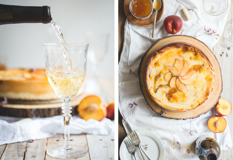For this recipe, I’ve taken my favorite New York-style cheesecake and layered it with spiced peach compote to bring out the notes of peach in the wine. And since peaches and pecans compliment each other so perfectly, I added pecan pieces to an otherwise traditional graham cracker crust for a little bit of southern flair and added texture.