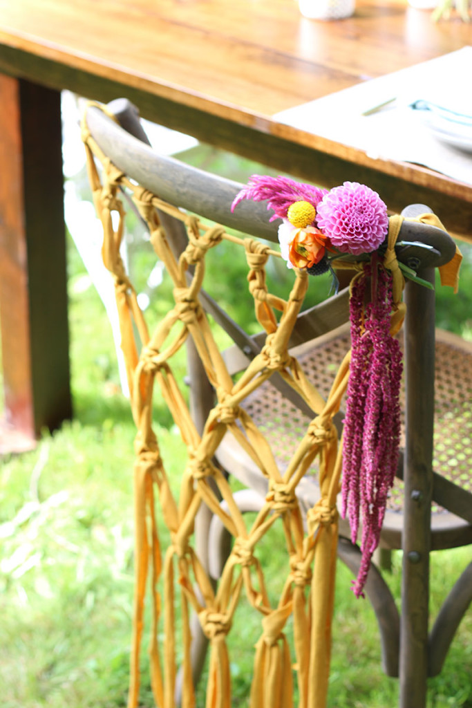 The concept was a dinner party at dusk in the countryside. We wanted to keep things fairly simple and casual but I couldn't resist adding a pop of color and a crafty touch with these pretty macrame chair hangings. #DIY