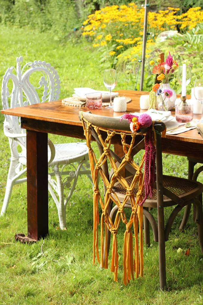 The concept was a dinner party at dusk in the countryside. We wanted to keep things fairly simple and casual but I couldn't resist adding a pop of color and a crafty touch with these pretty macrame chair hangings. #DIY