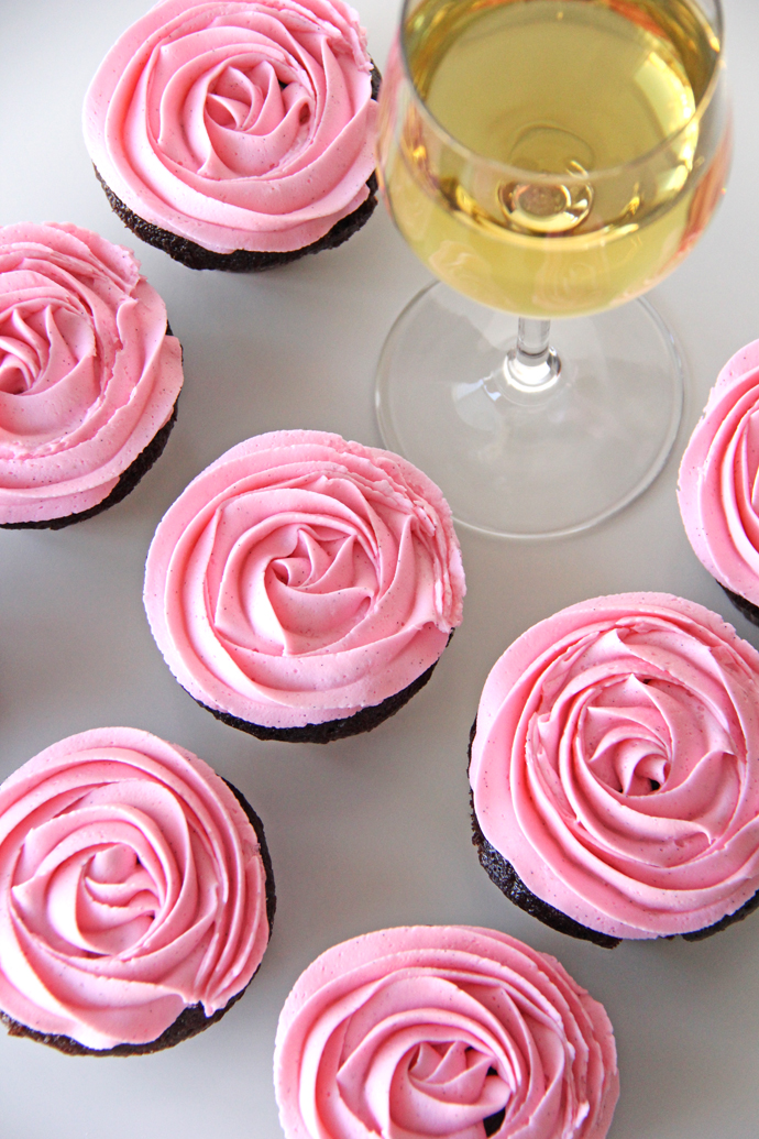 Chocolate Cupcakes with a Chardonnay Buttercream Frosting, and just in time for Valentine's Day. #recipe