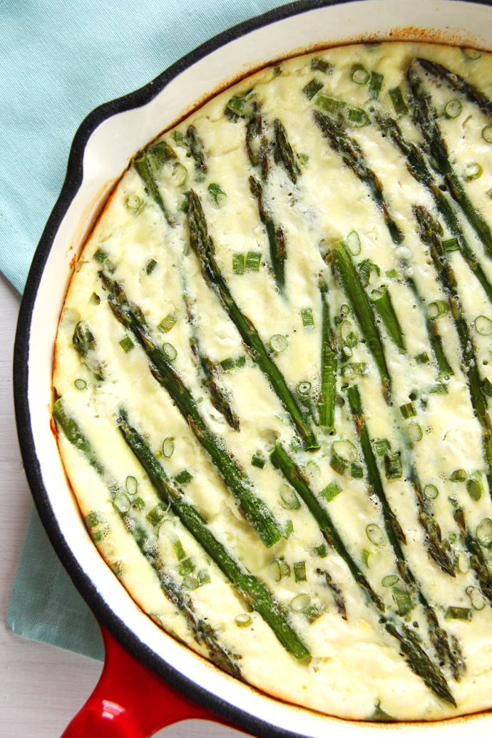 Simple, fresh ingredients make up this breakfast favourite... asparagus, eggs, goat cheese, ricotta cheese and green onion.  Combined, they result in this easy and delicious Asparagus Goat Cheese Frittata.