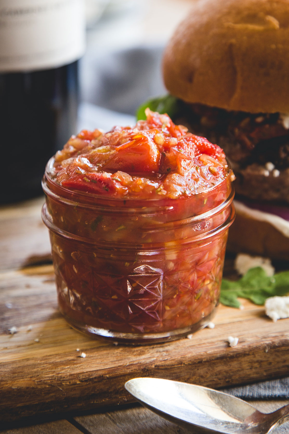 We like to serve this tomato jam as an accompaniment for grilled lamb burgers or salmon. It is also nice for a bruschetta with soft cheese.