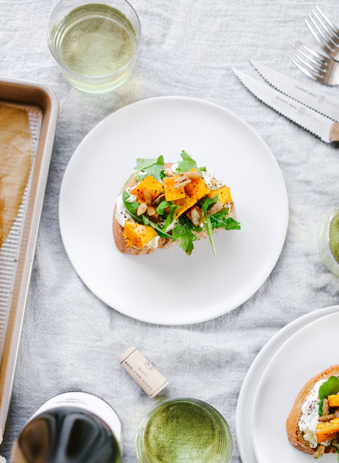 Pumpkin, Ricotta &amp; Arugula Bruschetta recipe paired with Kendall-Jackson Vintner's Reserve Chardonnay is the perfect fall appetizer combo.