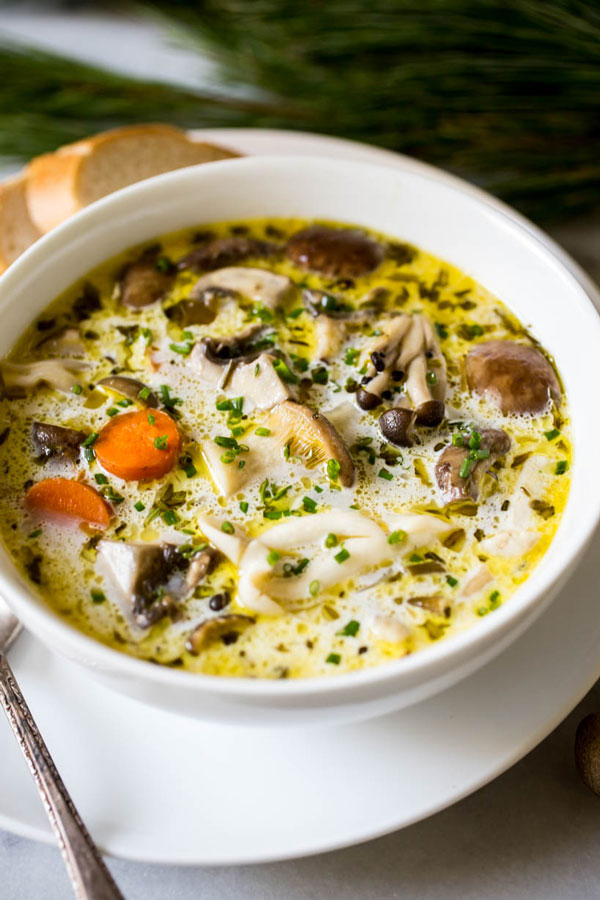 wild mushroom chowder with carrots and chives